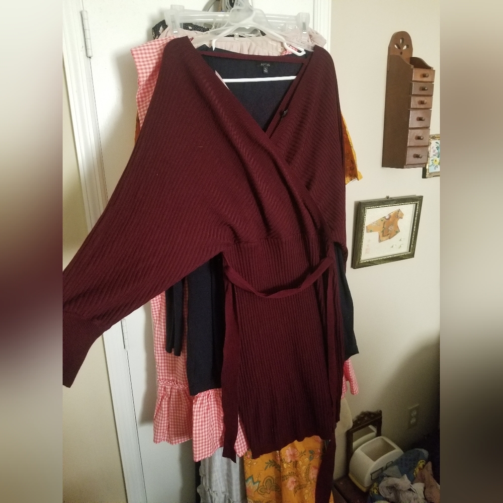 Wine Deep V Sweater Dress